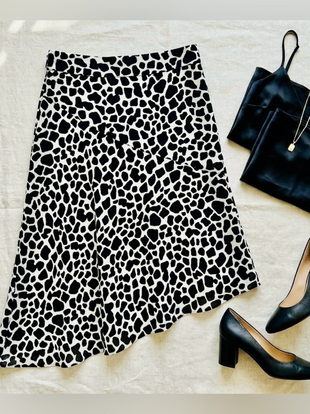 INC Asymmetrical Giraffe Print Midi Skirt Black White Geo Pattern  Sz 8 Indie